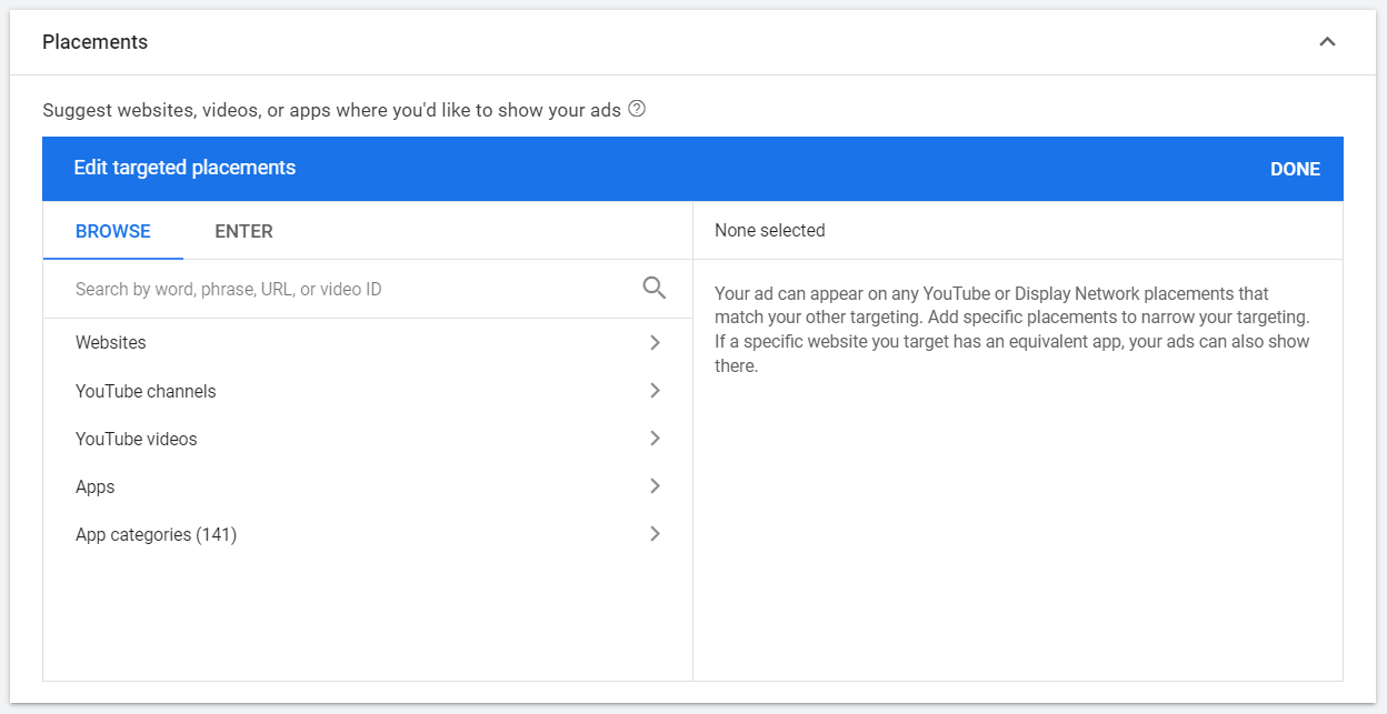 Placement targeting options in Google Ads.