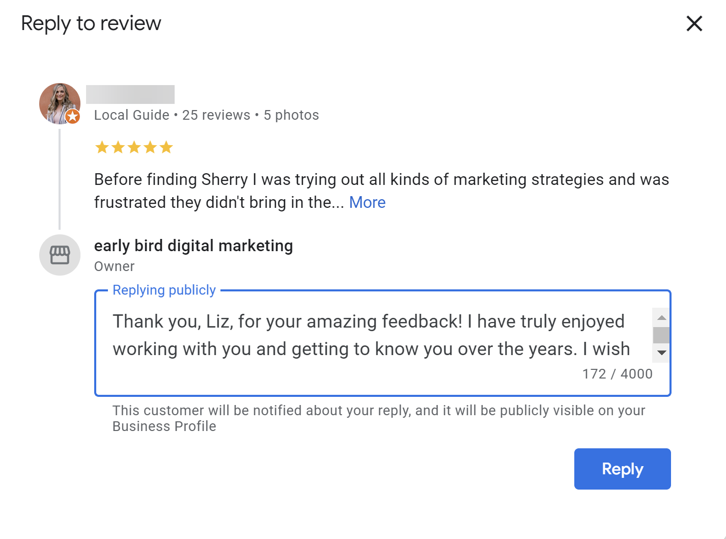 Replying to a review in search