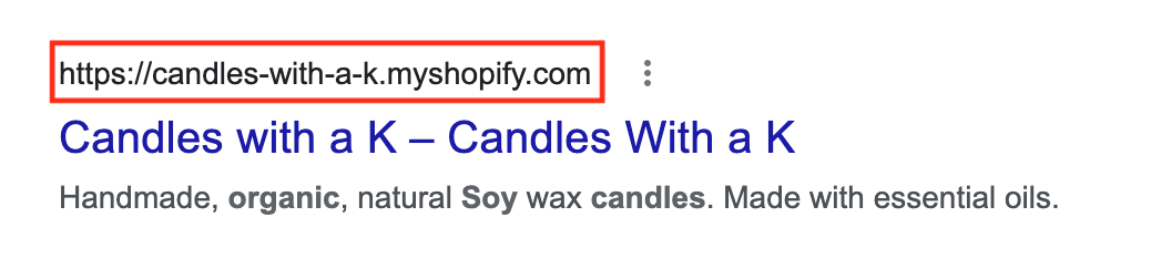 Example of shopify website in search results
