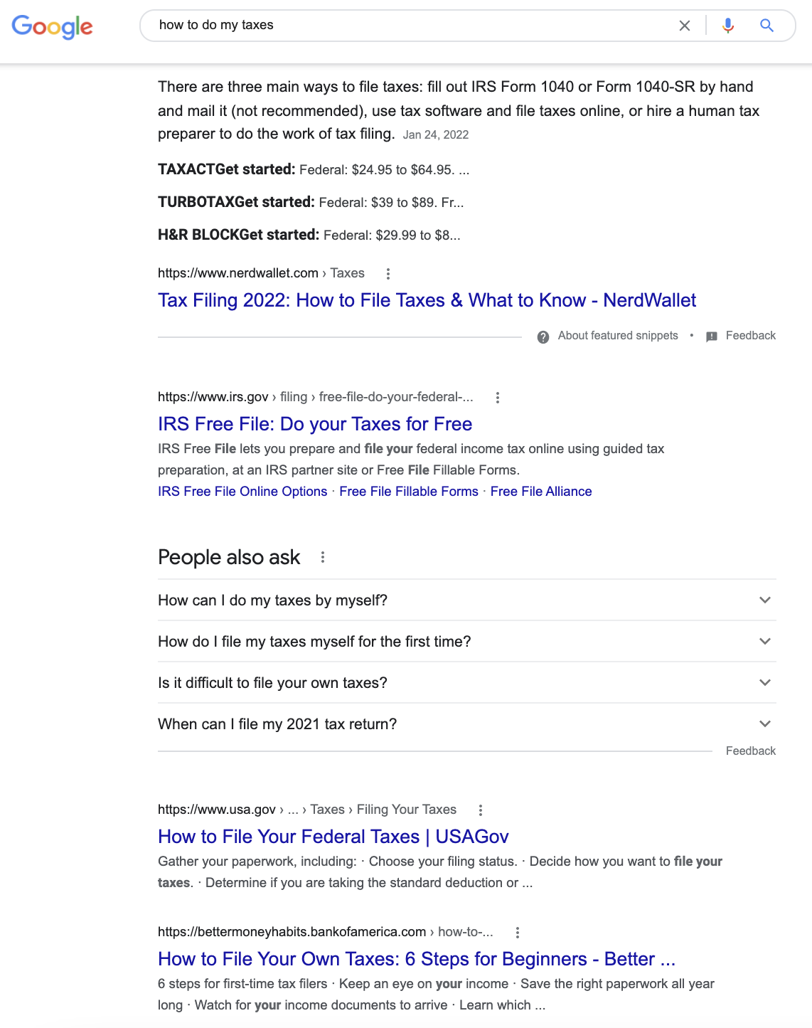 The First 4 Organic Results are the IRS, USA.gov, Turbotax, and a Bank of America Blog