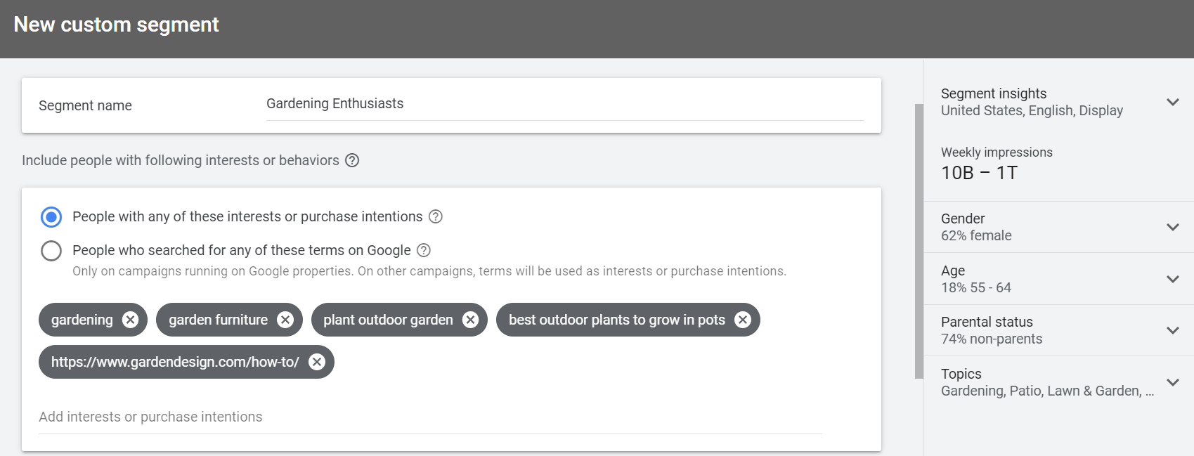 Create your own specific audience using free form interests.