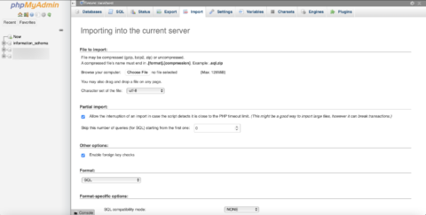 phpMyAdmin screen import