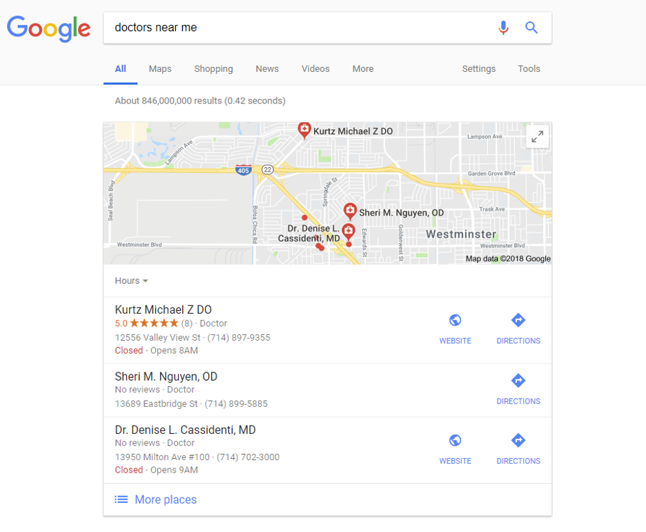 Screenshot from search for [doctors near me], Google