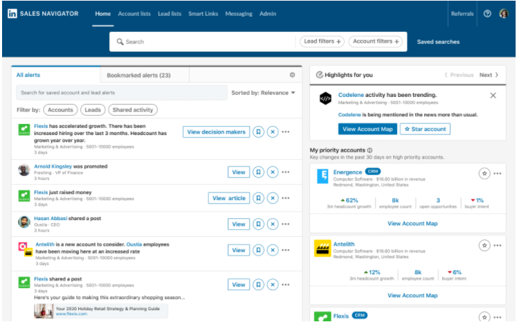 Updated homepage features of LinkedIn Sales Navigator.