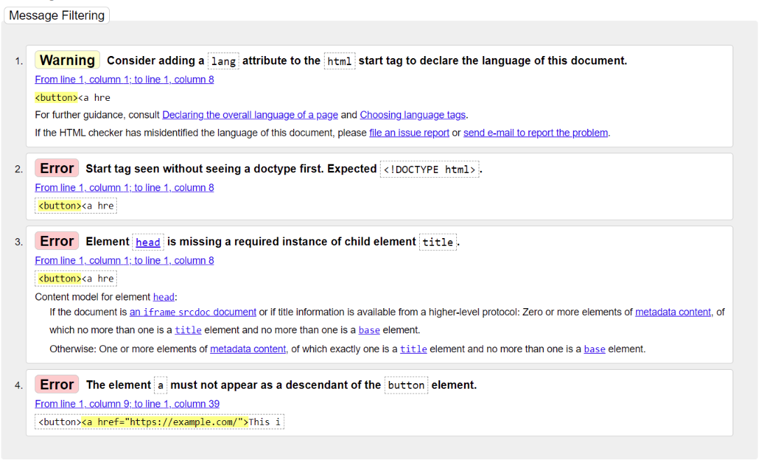 Screenshot showing errors in the W3C validator tool.
