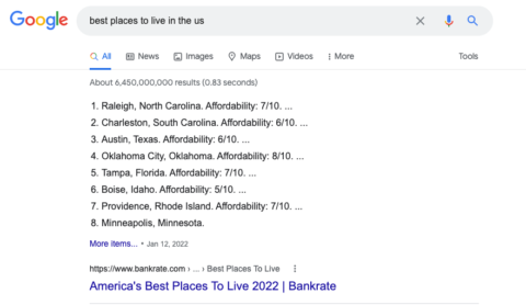 SERP results for “best places to live in the US."