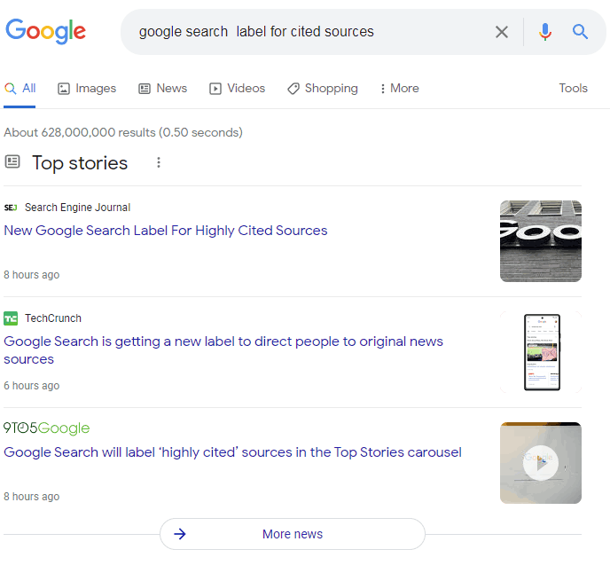 Screenshot of a Google Top Stories Display