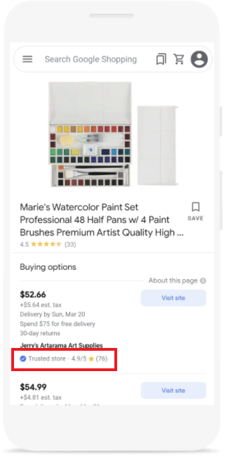The new Google Trusted Stores badge shows in free product listings.