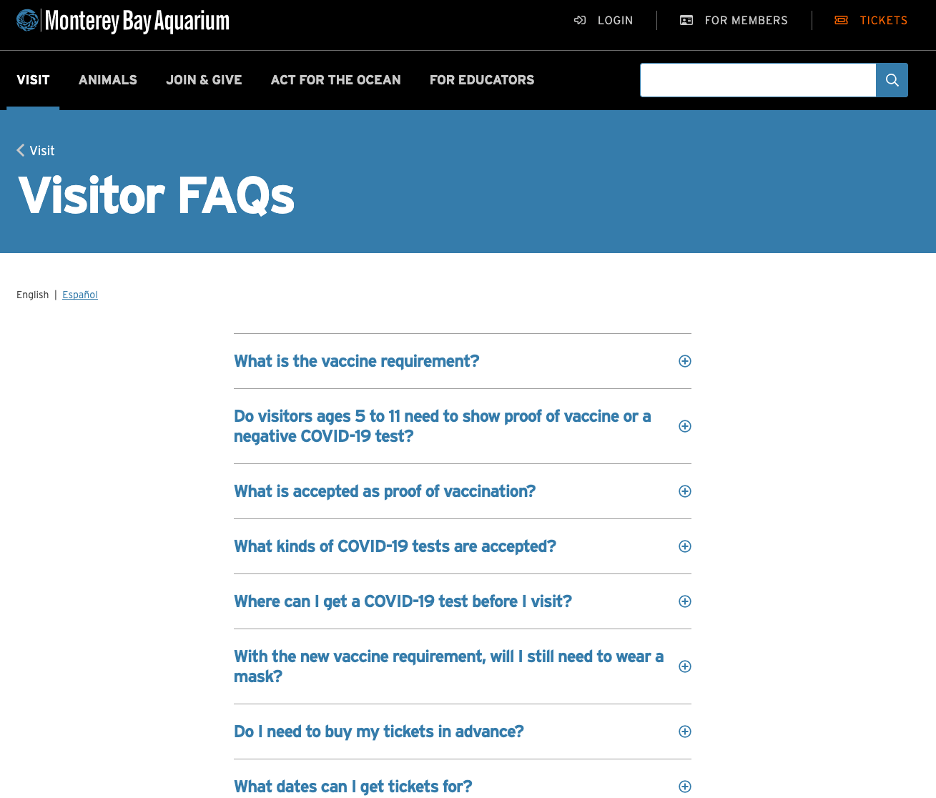 Monterey Bay Aquarium FAQ page