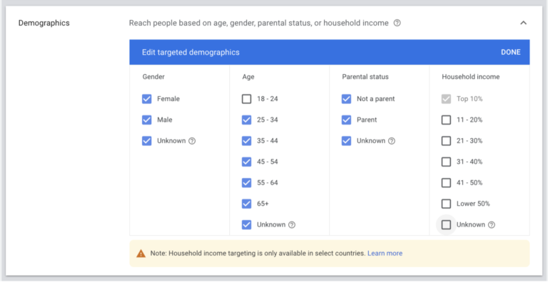Selecting high earners with Google Ads Demographic targeting settings