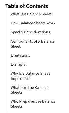 table of contents