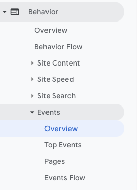 UA Behavior Events screenshot of menu
