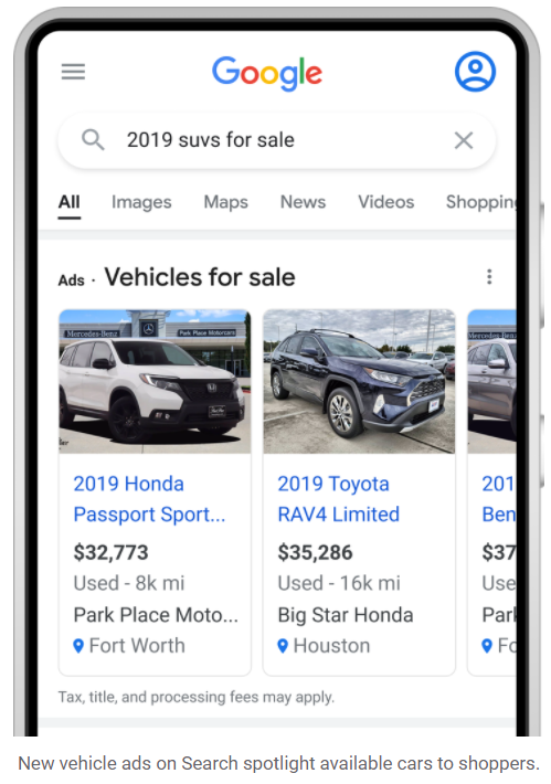 An example of vehicle search ads on Google.