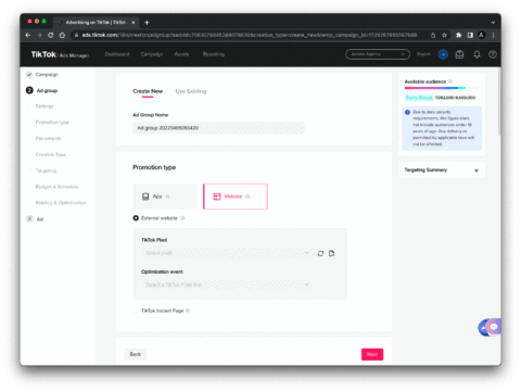 TikTok create ad group