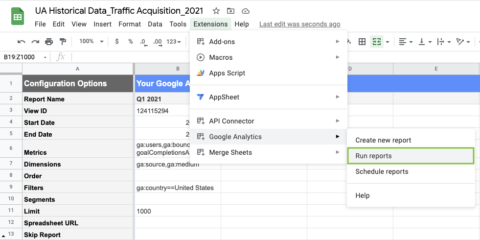 GA Sheets Extension Run Report example