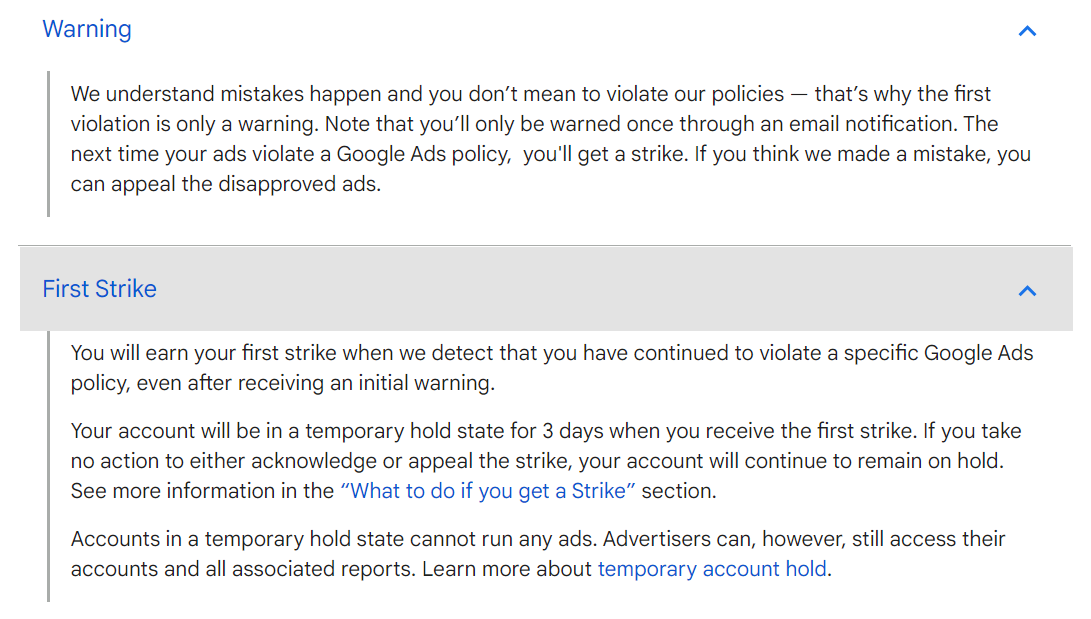 An example of Google Ads strike account communications.