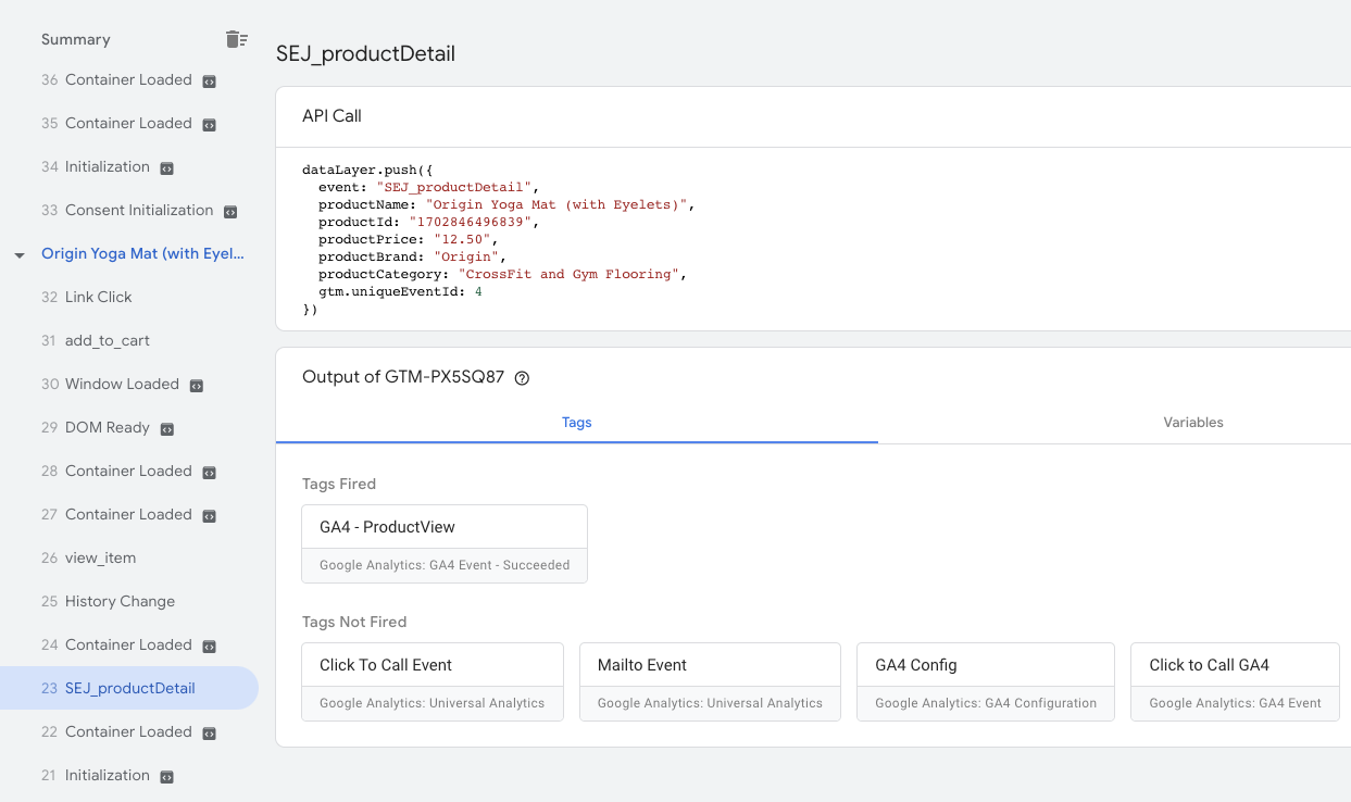 GTM preview_product data layer API call