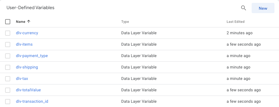 GTM variable settings for ecommerce example