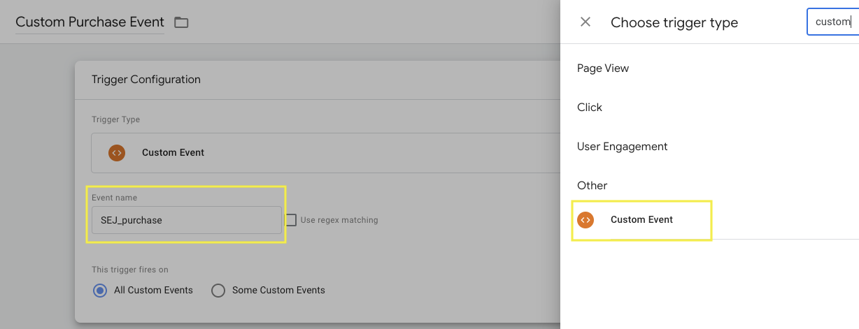 GTM_custom event trigger_purchase data layer example