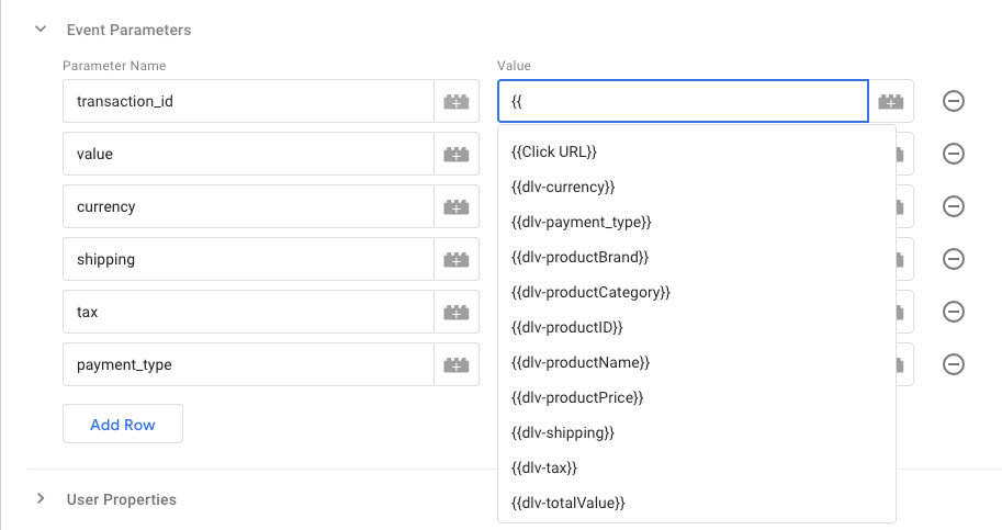 GTM_double brackets_dropdown menu of purchase event variables