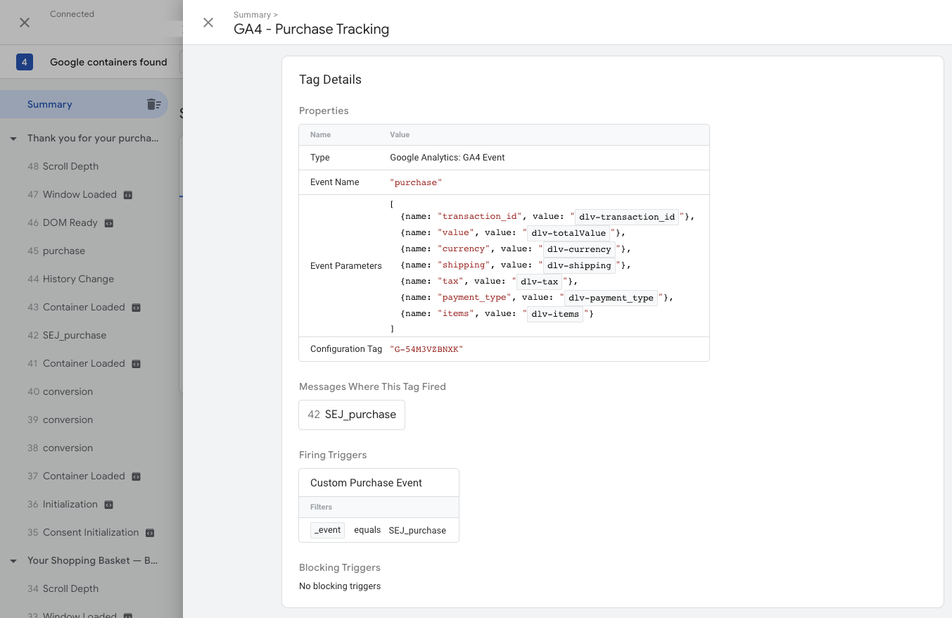 eCom purchase event_GTM preview_API items example