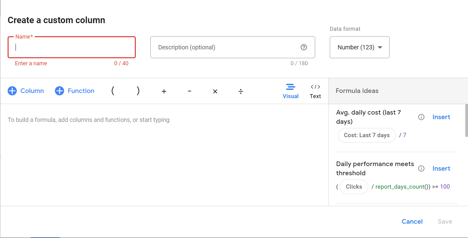 Creating a new custom column from scratch in Google Ads.