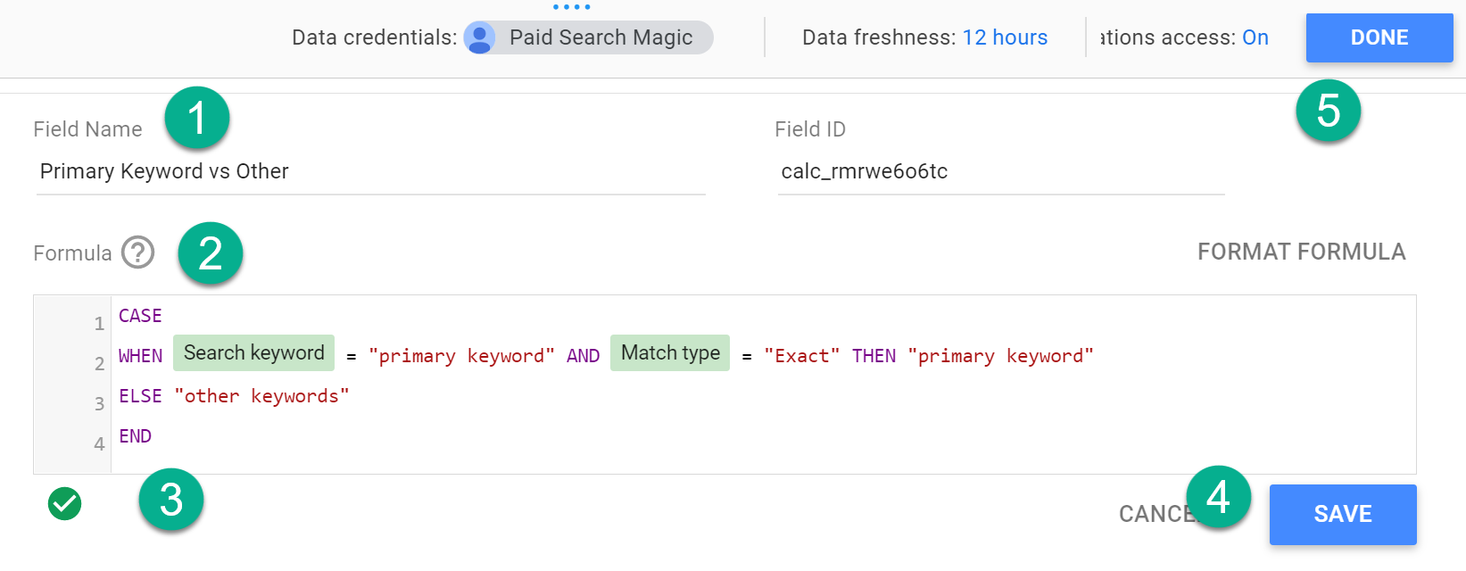 Screenshot of "new field" screen in Google Data Studio