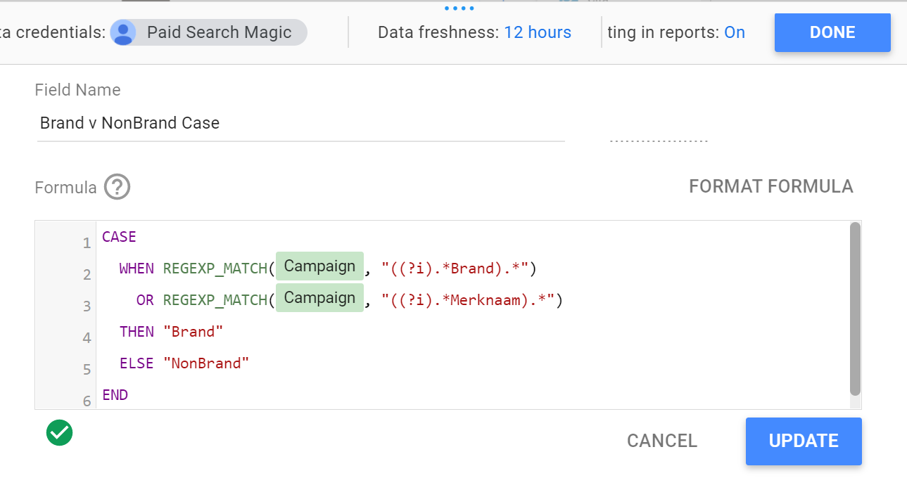 New field screen in Data Studio showing CASE statement grouping campaigns