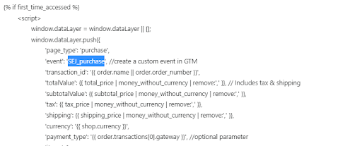 Shopify purchase datalayer_purchase event example
