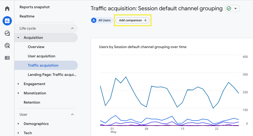 GA4 traffic report screenshot_add new comparison is highlighted