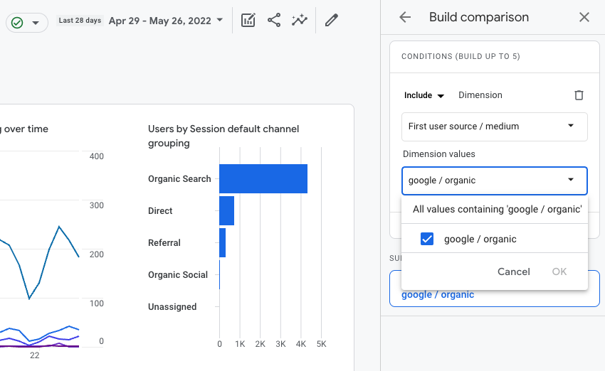 GA4 screenshot adding google organic as a dimension value