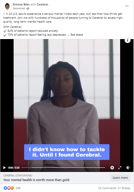 Cerebral partners with Simone Biles on mental health ad.