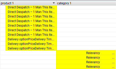 A screenshot from screaming frog showing two custom extractions to unique identify product and category pages