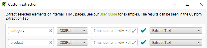 A screenshot from Screaming Frog showing the custom extractor correctly populated