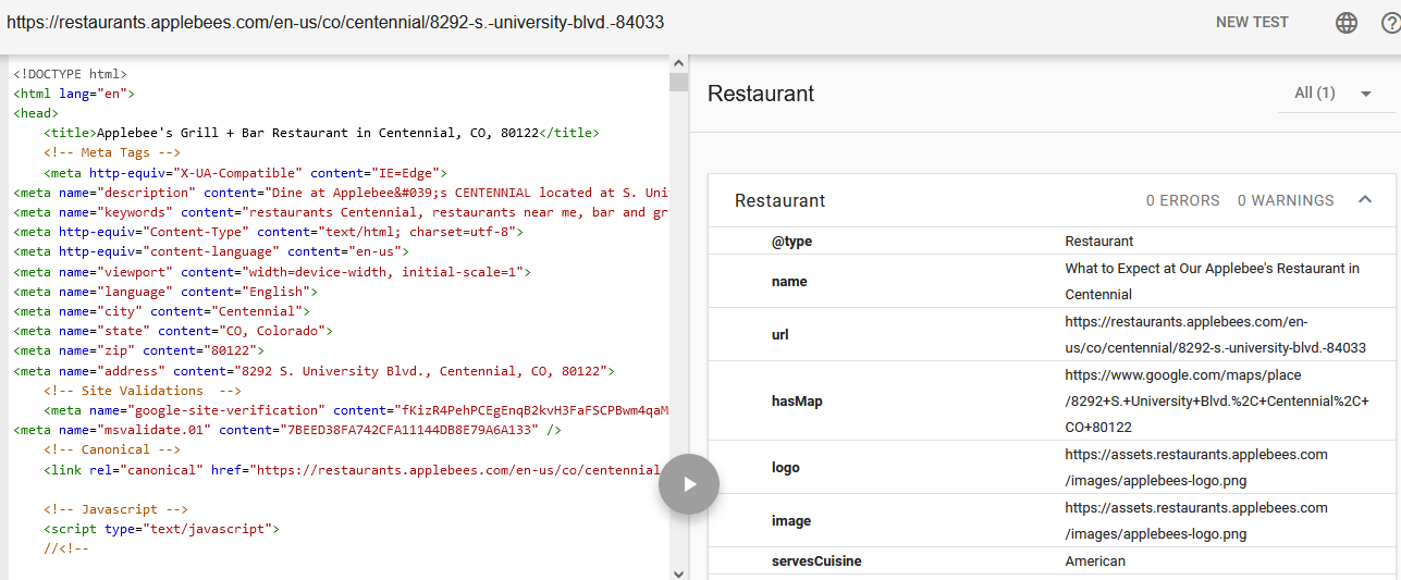 Example of Schema Markup Validator Result