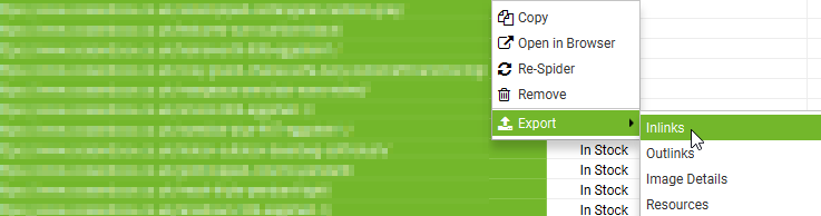 A screenshot showing how to right click in Screaming Frog to export the inlinks report.