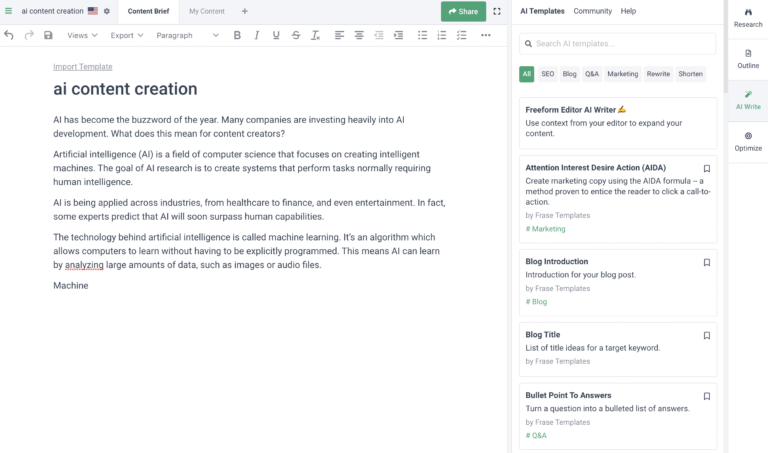 AI content creation via frase