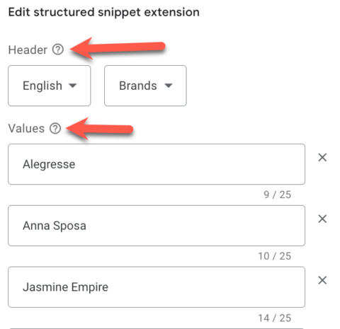google ads structured snippet extensions