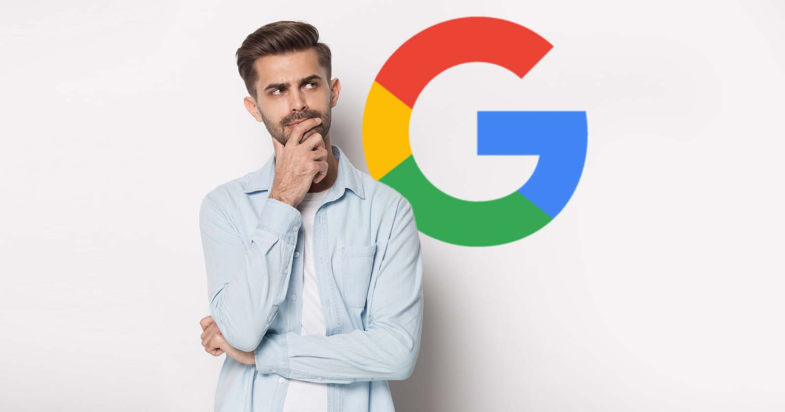 Image of a man looking with skepticism at at Google's logo