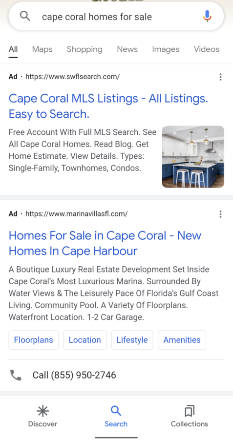 An example of a Google Ads search with sitelink extensions.