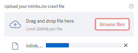A screenshot showing how to upload the inlinks.csv report 
