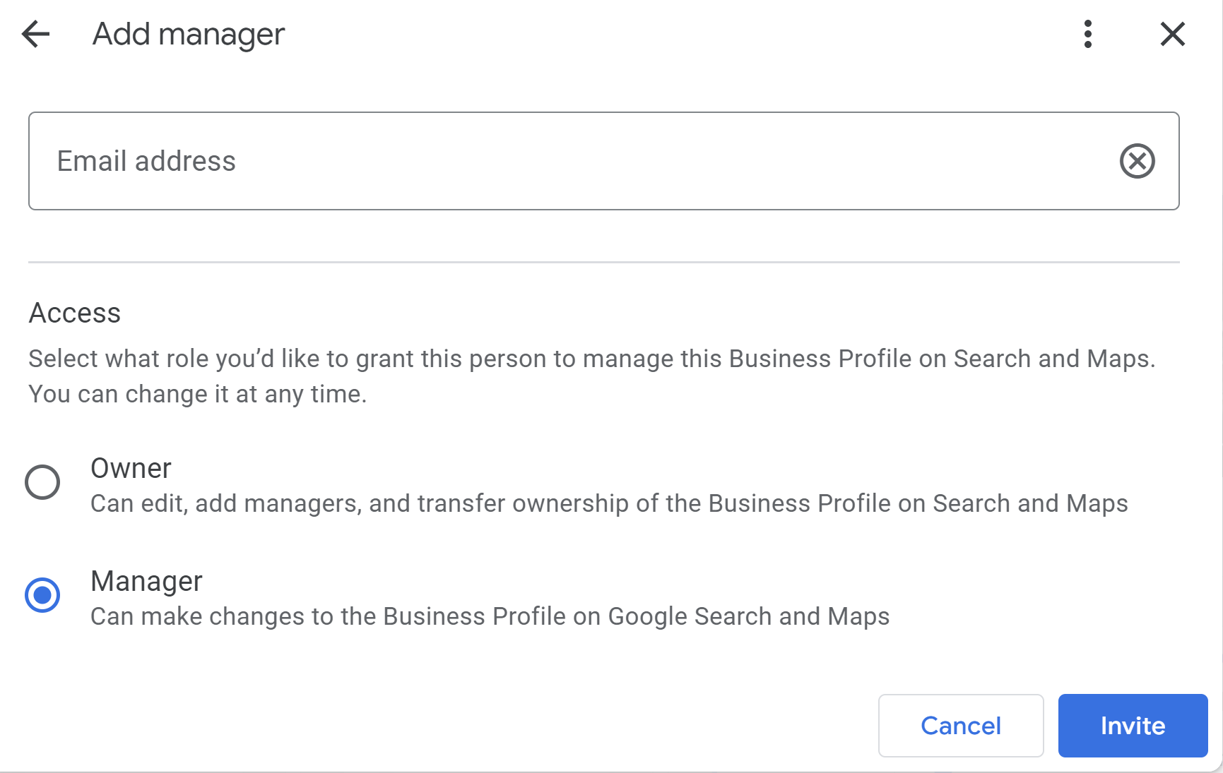 Invitation to Add Manager or Owner to Google Business Profile