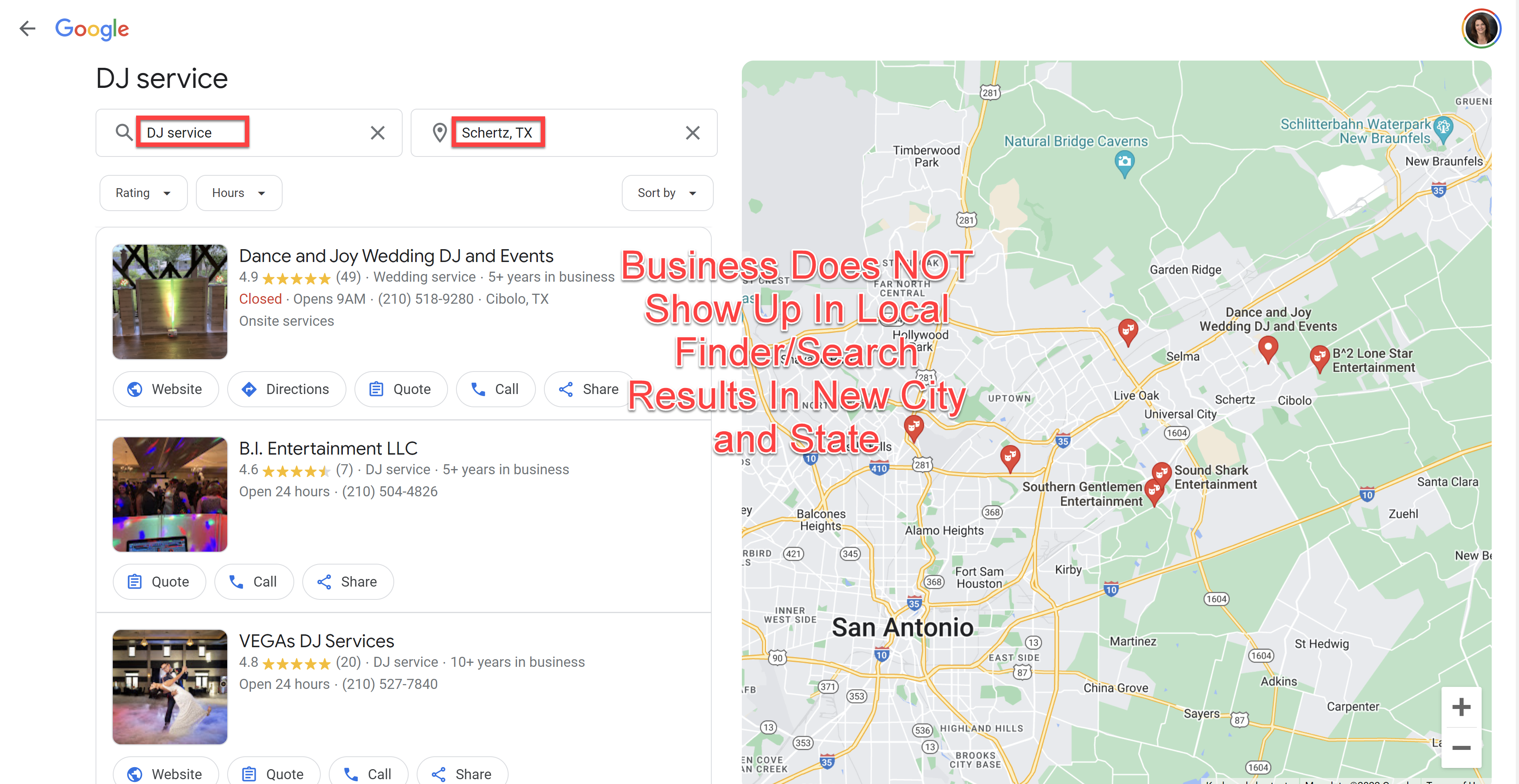 Service Area Business doesn't show up in search results for new location -- city and state