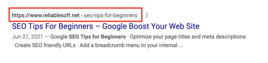 screenshot of a SERP result with a red box around the url