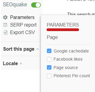 SEOquake Chrome Extension Parameters Menu