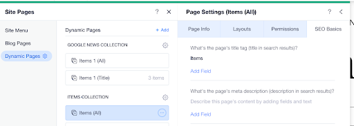 SEO settings panel Wix custom dynamic pages