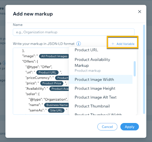 Add variable to Wix structured data markup