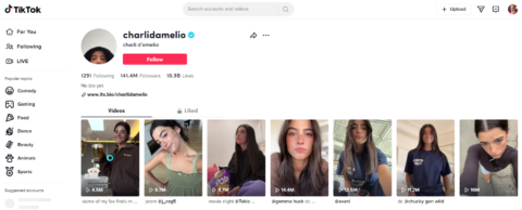 Charli D'Amelio account on TikTok