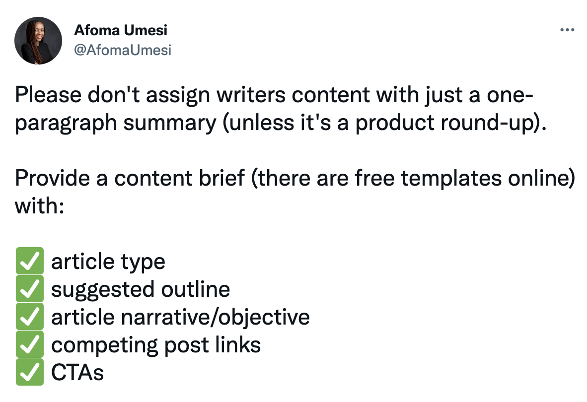 A screenshot of Afoma Umesi’s tweet where she highlights the importance of a content brief.