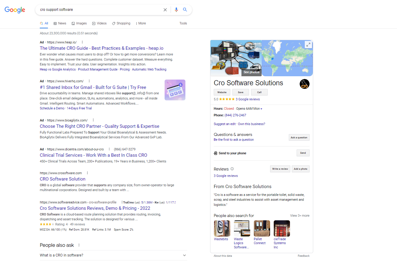SERP showing CRO support software results